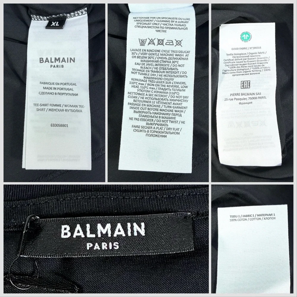 Balmain Cropped Eco-Designed Cotton T-Shirt Tee Flocked Logo Black XL NWT - Picture 5 of 14
